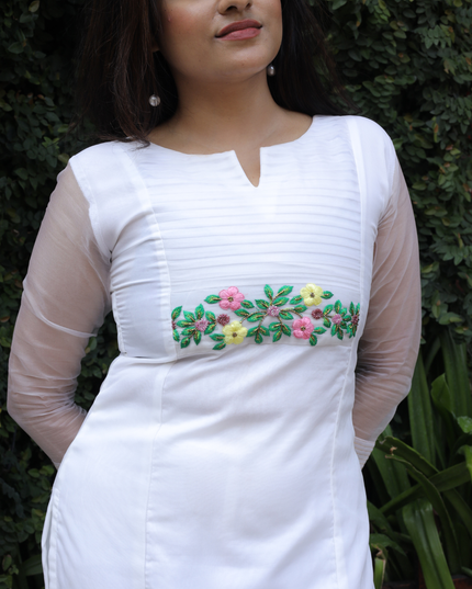 Pure White Soft Organza Kurti Set with Embroidered Yoke – EC088