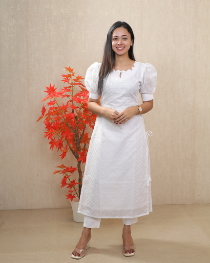 EC083 – Net Cotta Kurti Set with Scallop Neckline & Puff Sleeves