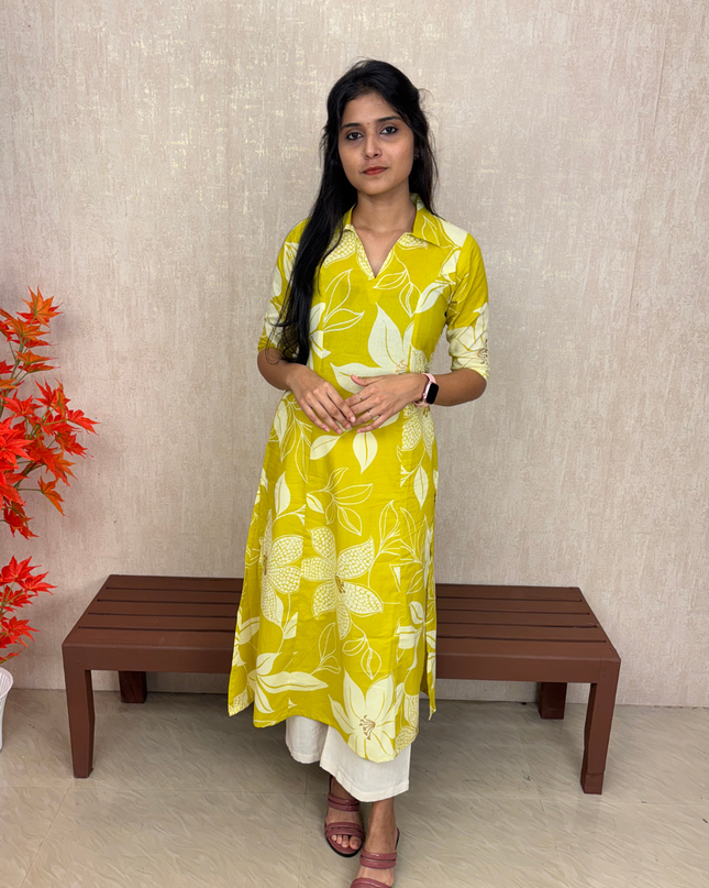 Yellow & White Floral Jaipur Cotton A-line Kurti Set – EC071