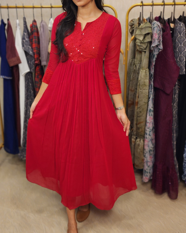 Cherry Red Georgette Kurti with Sequins Work – EC020