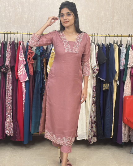Embroidered Net Cotta Cotton Side Open Kurti with Pencil Bottom - EC025