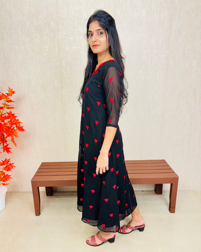 Red Embroidered Georgette A-Line Kurti with Lace Neckline – EC02