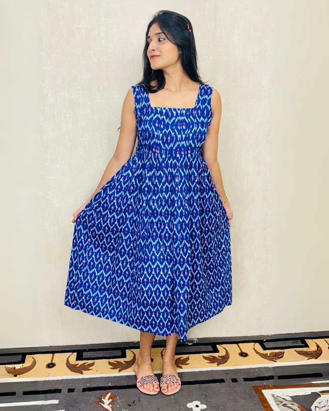 Royal Blue Ikat-Print Cotton Midi Dress – EC068