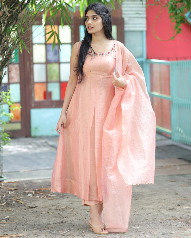 EC080 – Peach Silky Organza Anarkali  with Hand-Embroidered Yoke & Dupatta