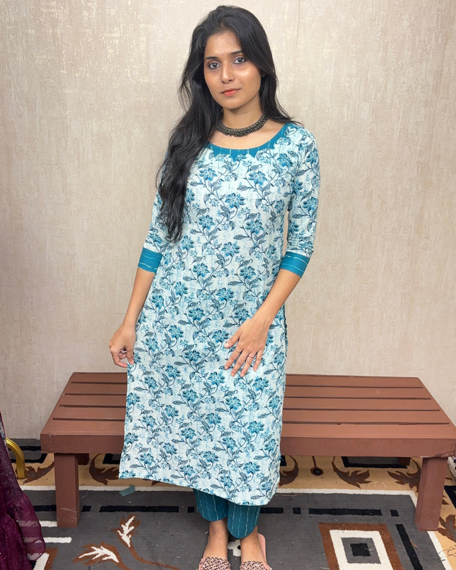 White & Teal Floral Jaipur Cotton Kurti Set – EC069