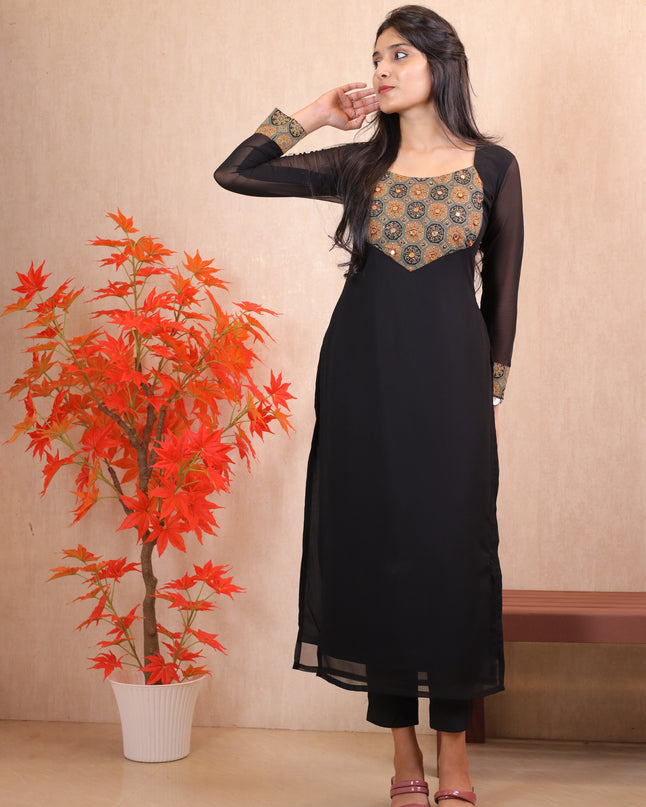 Black Georgette Aari Work Kurti Top-EC012