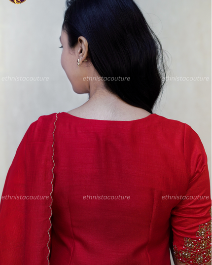 EC138 - Red Badhari Silk Straight Kurti Set with Embroidery & Dupatta