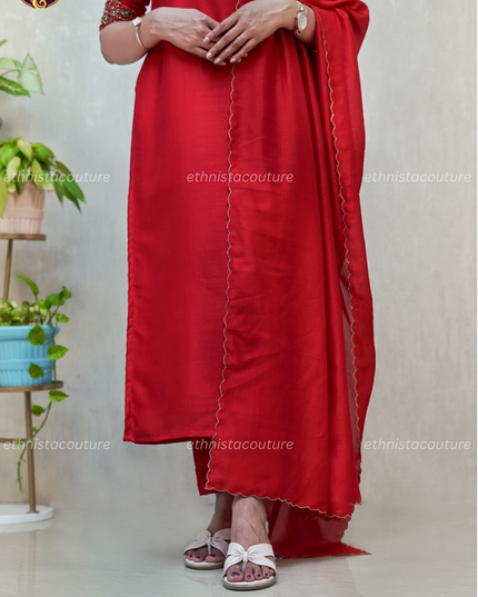 EC138 - Red Badhari Silk Straight Kurti Set with Embroidery & Dupatta
