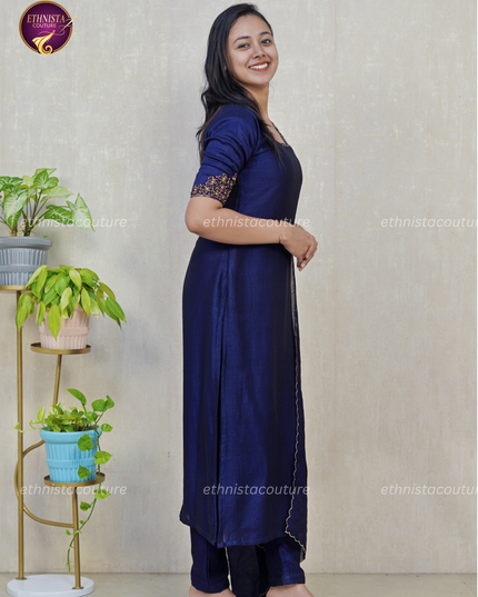 EC139 - Royal Navy Blue Badhari Silk Straight Kurti Set with Embroidery & Dupatta