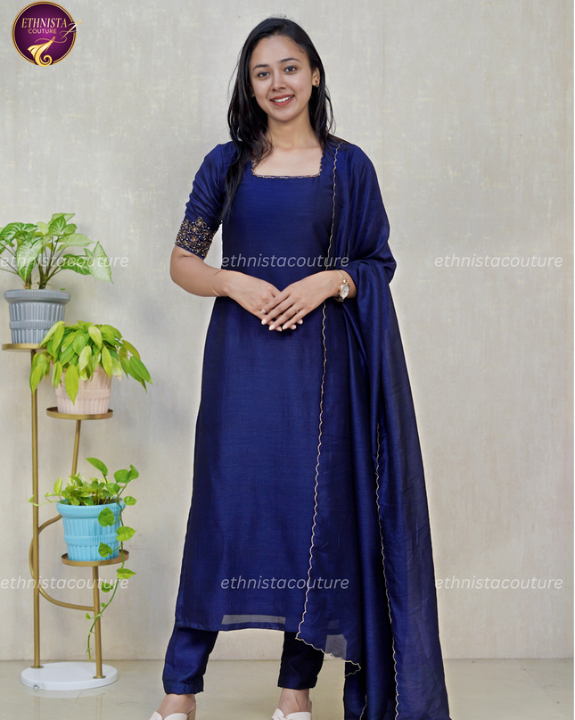 EC139 - Royal Navy Blue Badhari Silk Straight Kurti Set with Embroidery & Dupatta