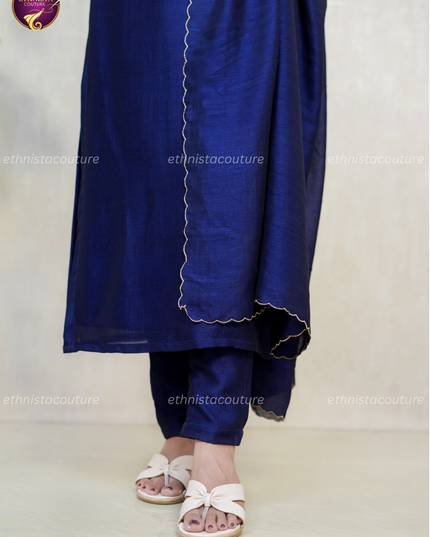EC139 - Royal Navy Blue Badhari Silk Straight Kurti Set with Embroidery & Dupatta