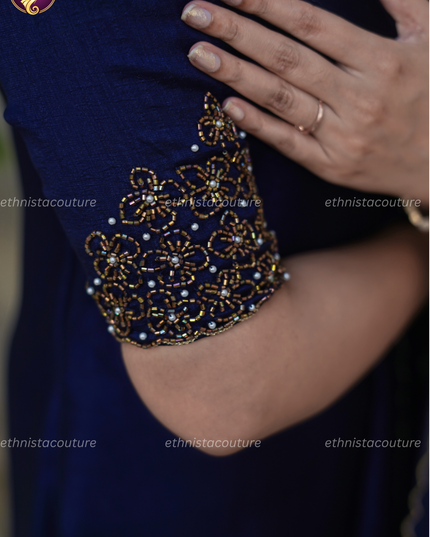 EC139 - Royal Navy Blue Badhari Silk Straight Kurti Set with Embroidery & Dupatta