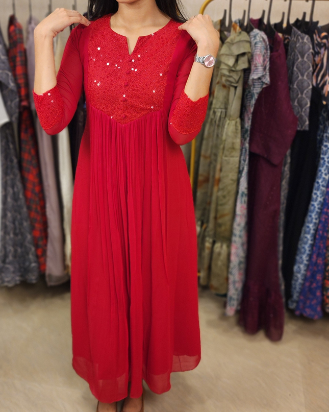 Cherry Red Georgette Kurti with Sequins Work – EC020