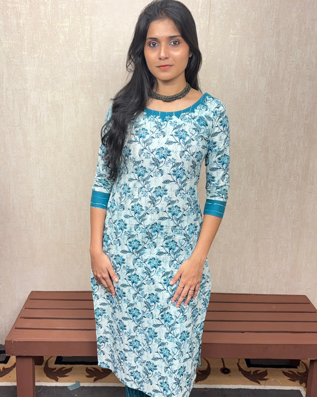 White & Teal Floral Jaipur Cotton Kurti Set – EC069