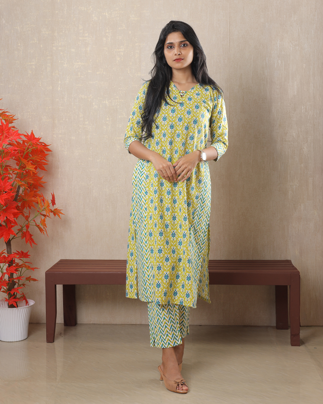 EC081 – Cotton Floral Kurti Set with Chevron Printed Bottom