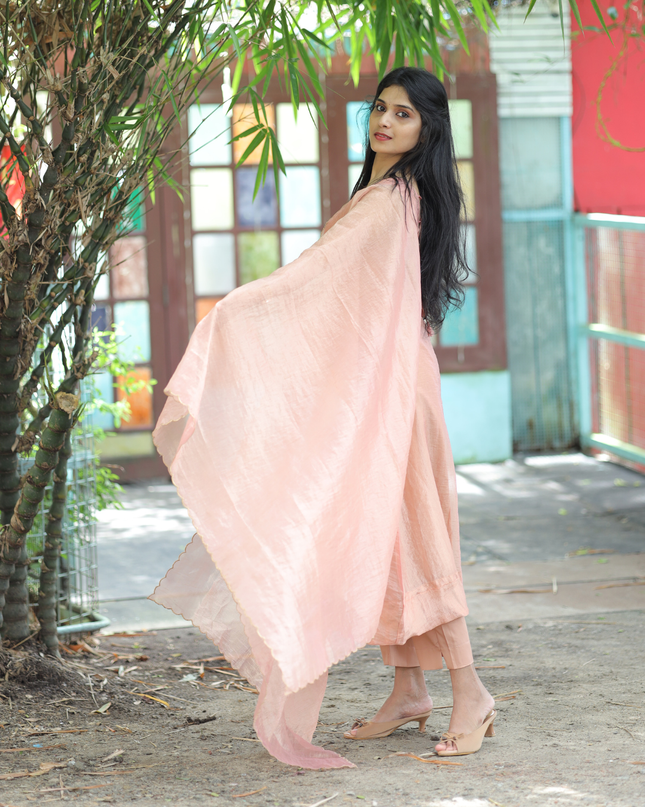 EC080 – Peach Silky Organza Anarkali  with Hand-Embroidered Yoke & Dupatta