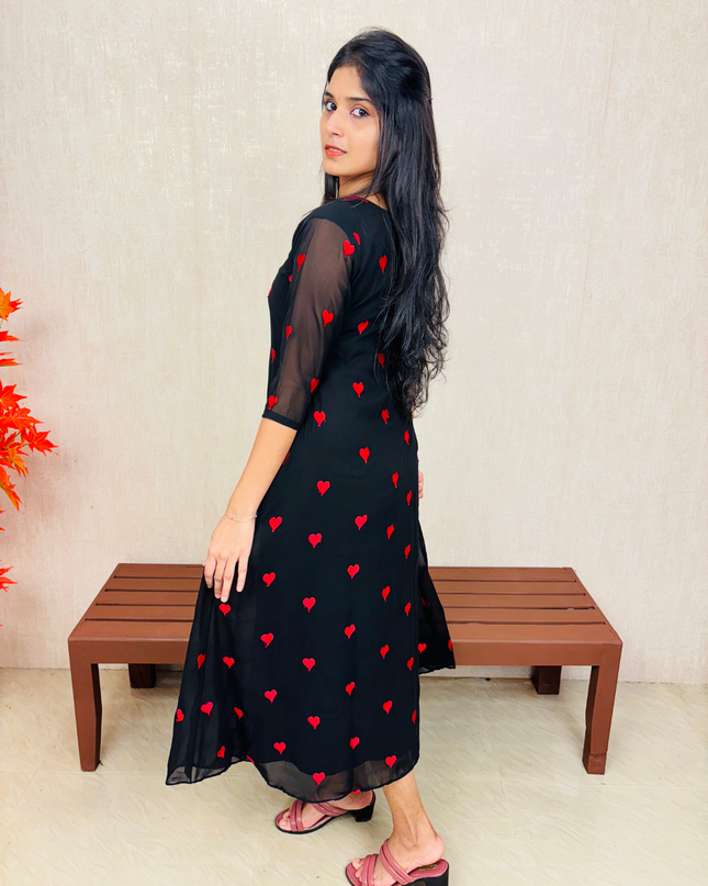 Red Embroidered Georgette A-Line Kurti with Lace Neckline – EC02