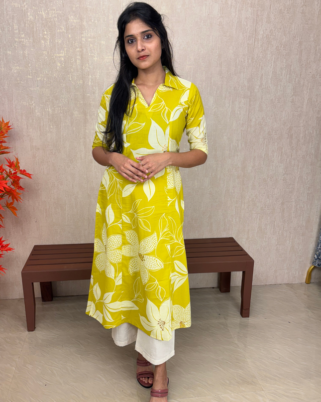 Yellow & White Floral Jaipur Cotton A-line Kurti Set – EC071