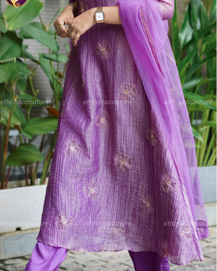 EC141 - Metallic Lilac Purple Salsa Crushed A-Line Kurti Set with Aari Work & Butterfly Net Dupatta