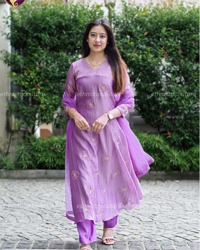EC141 - Metallic Lilac Purple Salsa Crushed A-Line Kurti Set with Aari Work & Butterfly Net Dupatta
