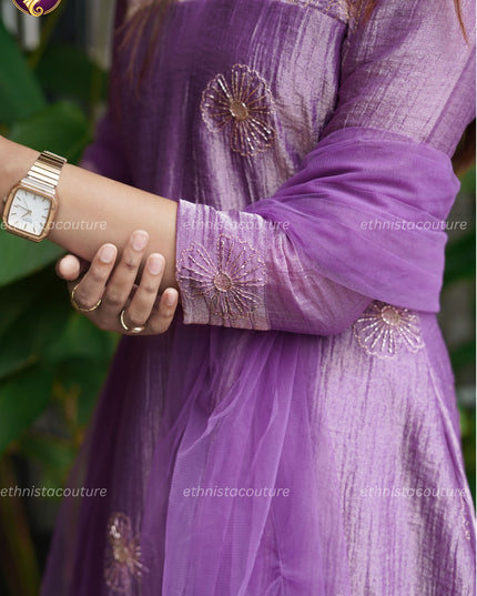 EC141 - Metallic Lilac Purple Salsa Crushed A-Line Kurti Set with Aari Work & Butterfly Net Dupatta