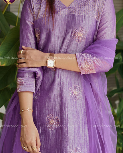 EC141 - Metallic Lilac Purple Salsa Crushed A-Line Kurti Set with Aari Work & Butterfly Net Dupatta