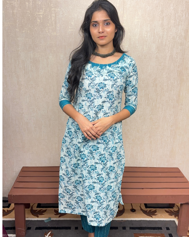 White & Teal Floral Jaipur Cotton Kurti Set – EC069