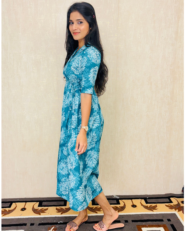 EC065 – Teal Blue Leaf Print Frock