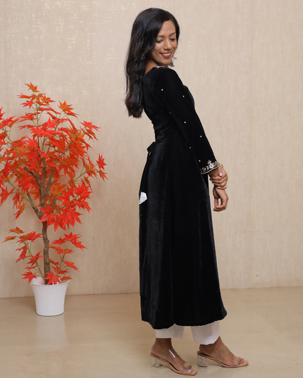 EC085 – Black Velvet Kurti Set with Hand-Embroidered Neckline & Tie-Up Back