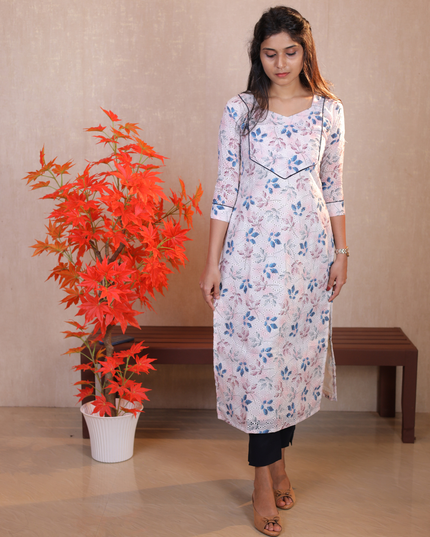 EC082 – Printed Accoba Kurti Set with Piping Detailing & Cotton Pencil Pant