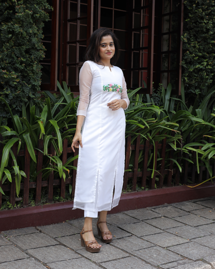 Pure White Soft Organza Kurti Set with Embroidered Yoke – EC088