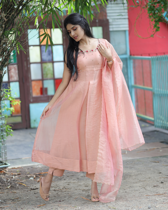 EC080 – Peach Silky Organza Anarkali  with Hand-Embroidered Yoke & Dupatta