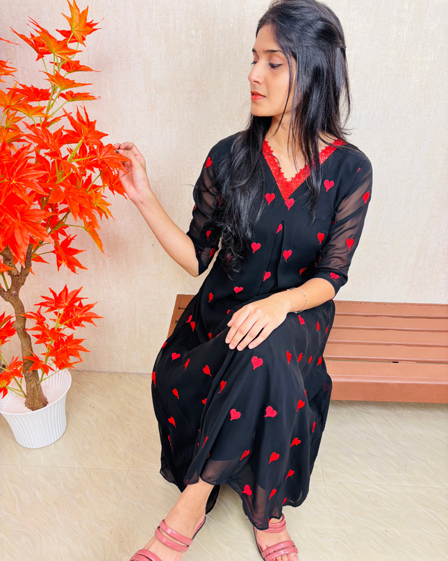 Red Embroidered Georgette A-Line Kurti with Lace Neckline – EC02