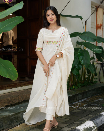 EC142 – Off-White Cotton Flex Slitted Kurti Set with Thread Embroidery & Mul Cotton Dupatta ⭐