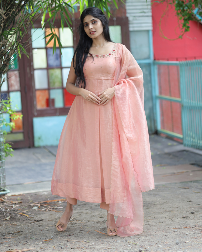 EC080 – Peach Silky Organza Anarkali  with Hand-Embroidered Yoke & Dupatta