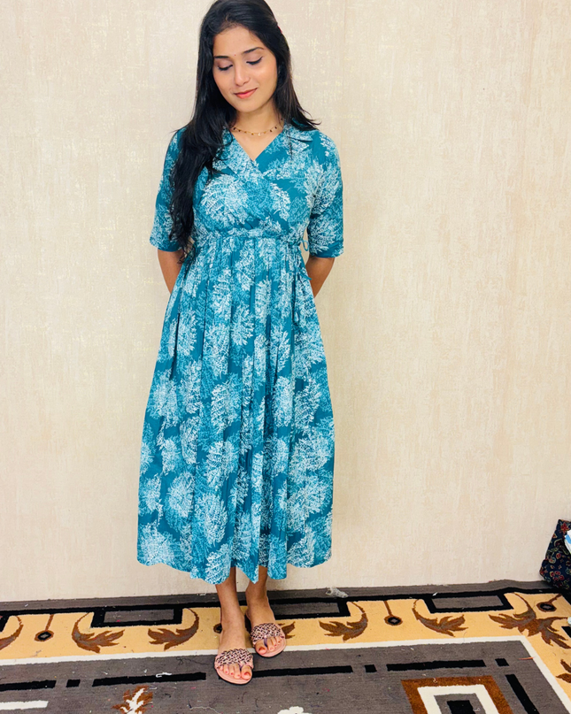 EC065 – Teal Blue Leaf Print Frock