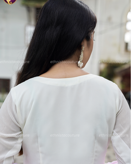 EC143 – Off-White Star Georgette Pleated Kurti Set with Heavy Aariwork & Soft Georgette Dupatta ⭐