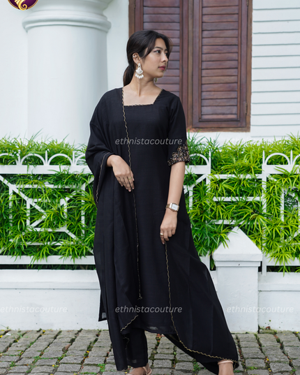 EC144 - Black Badhari Silk Straight Kurti Set with Embroidery & Dupatta