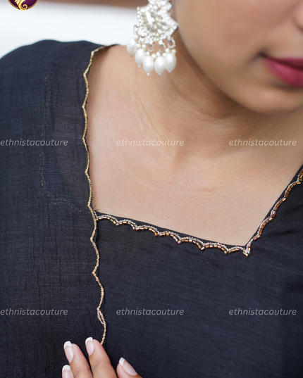 EC144 - Black Badhari Silk Straight Kurti Set with Embroidery & Dupatta