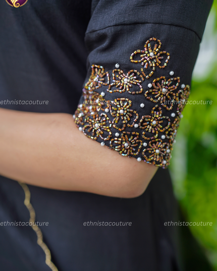 EC144 - Black Badhari Silk Straight Kurti Set with Embroidery & Dupatta