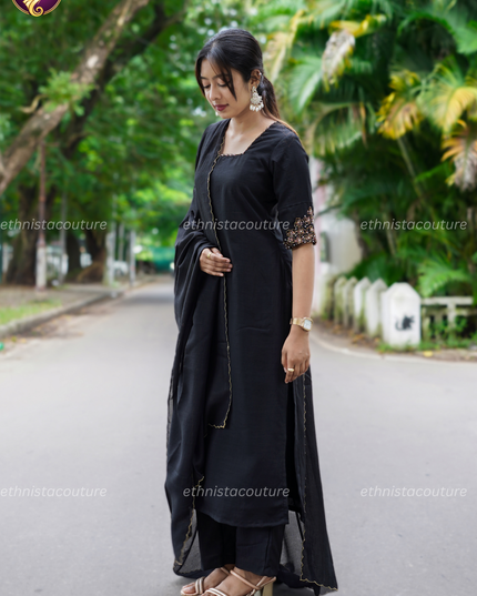 EC144 - Black Badhari Silk Straight Kurti Set with Embroidery & Dupatta
