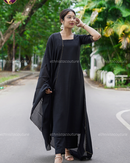 EC144 - Black Badhari Silk Straight Kurti Set with Embroidery & Dupatta