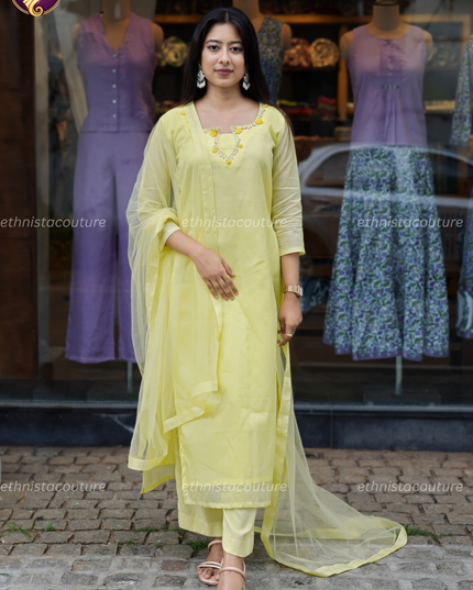 EC145-Lemon Yellow Kota Doria Side Open Kurti Set with Butterfly Net Dupatta