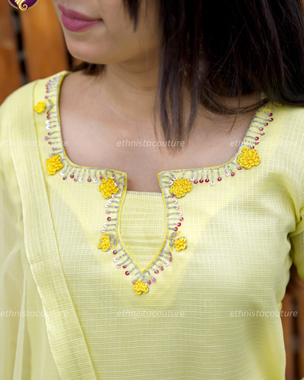 EC145-Lemon Yellow Kota Doria Side Open Kurti Set with Butterfly Net Dupatta