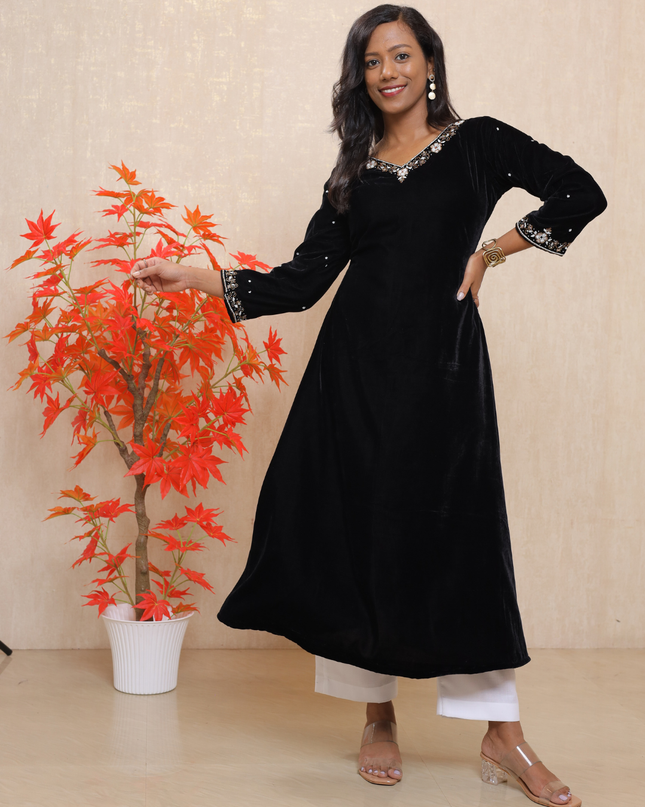 EC085 – Black Velvet Kurti Set with Hand-Embroidered Neckline & Tie-Up Back