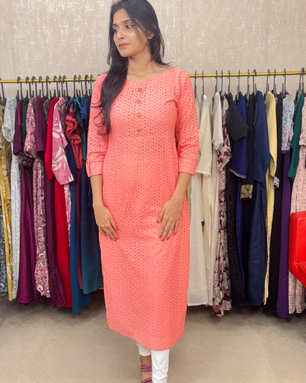Hakoba Pure Cotton Kurti in Soft Peach Pink EC043