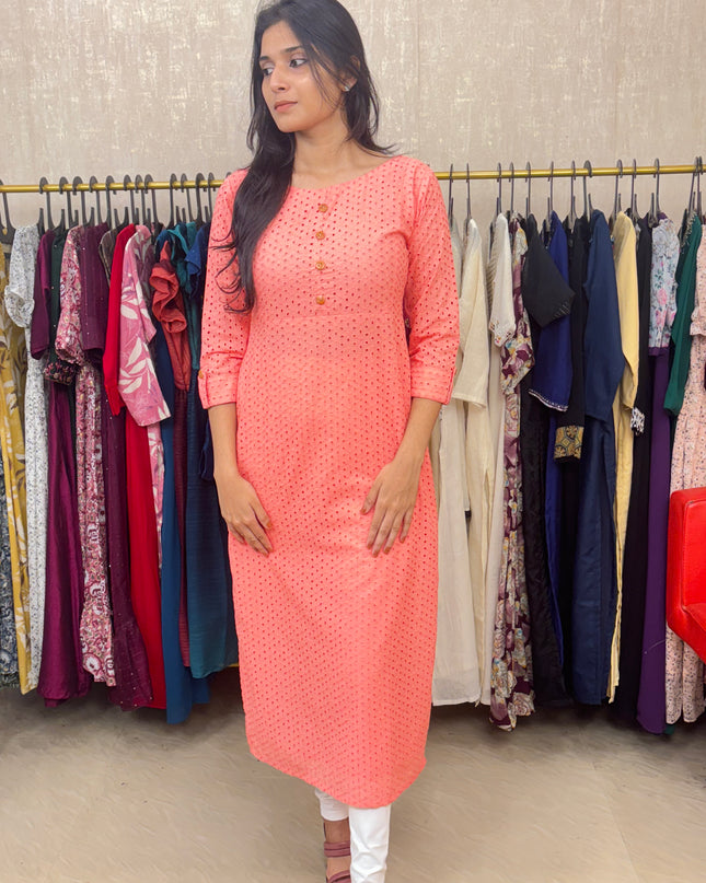 Hakoba Pure Cotton Kurti in Soft Peach Pink EC043