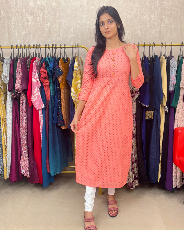 Hakoba Pure Cotton Kurti in Soft Peach Pink EC043