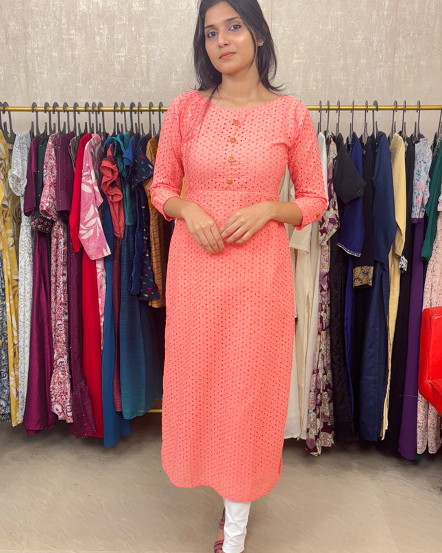 Hakoba Pure Cotton Kurti in Soft Peach Pink EC043