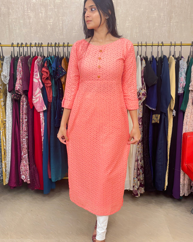 Hakoba Pure Cotton Kurti in Soft Peach Pink EC043